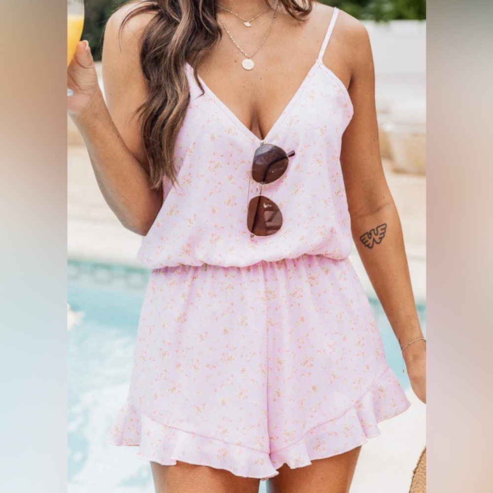 Pink floral spaghetti strap romper
